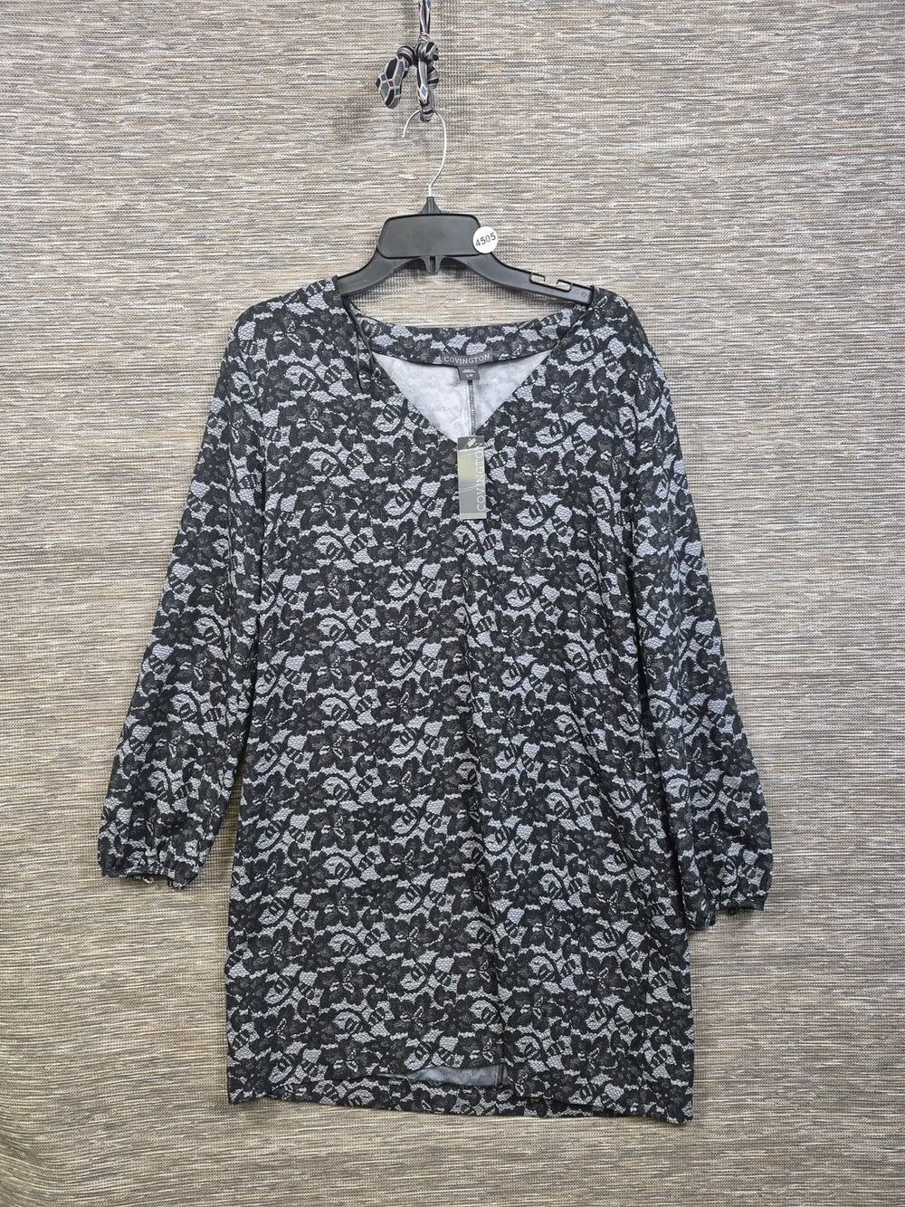 Covington Dress Womens L Black Lace Floral Shift Long Sleeve V Neck Pockets NEW